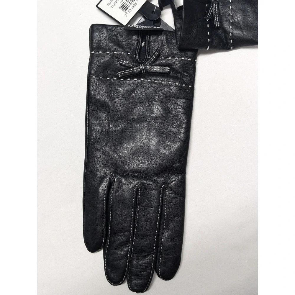 George Womens Black Leather Gloves Thinsulate Insulated‎ Bow Accent Size L NEW